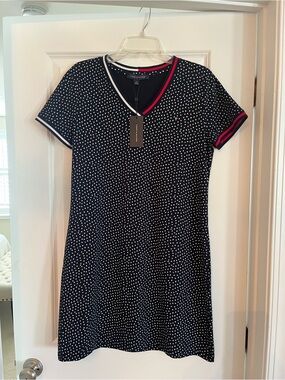 NWT Tommy Hilfiger Navy with White Polka Dot V‑Neck Knit Mini Dress